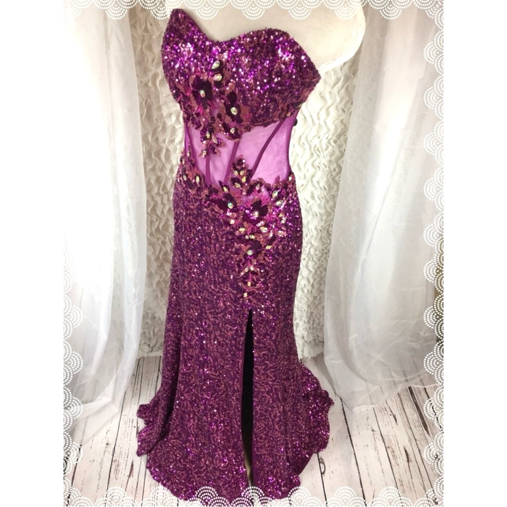 Strapless Purple & Pink Sequin Gown - Picture 2 of 9